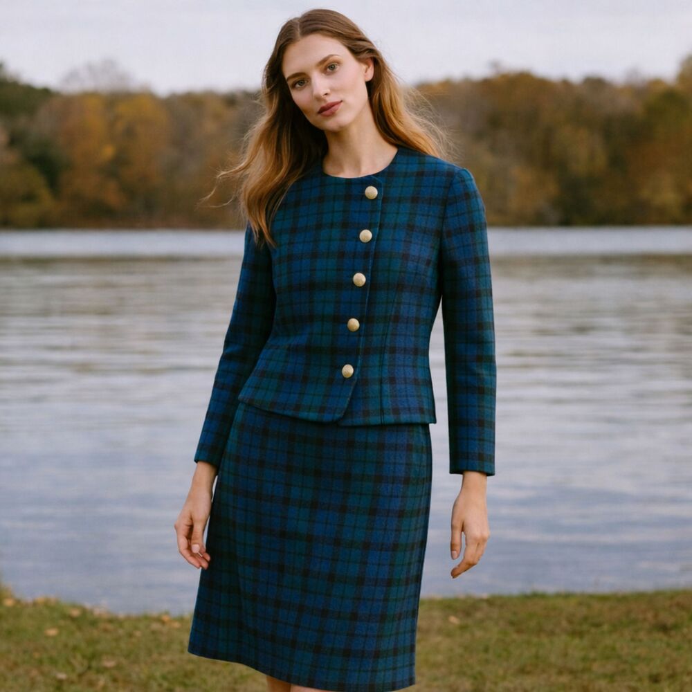 VTG Pendleton Wool Black Watch Tartan Plaid Blazer Skirt Suit Set 14/12 Scot